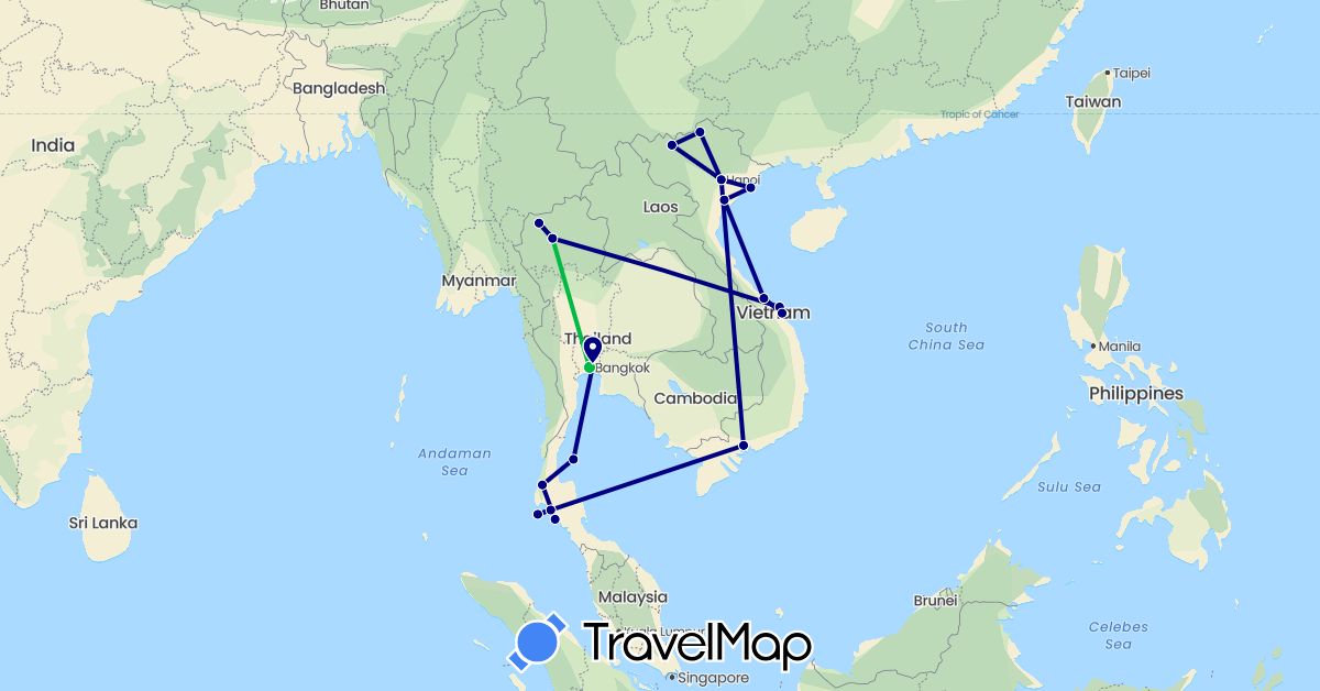 TravelMap itinerary: driving, bus in Thailand, Vietnam (Asia)